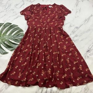 Unique Vintage Retro Midi Dress Size XL 14 Burgundy Red Flutter Sleeve Pockets